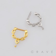 CHAIN LINKED DANGLING HEART KEY DESIGN SEPTUM CLICKER RING 316L SURGICAL STEEL